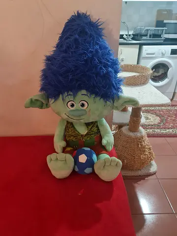 Large Plush Troll Soft Toy with Blue Hair and Soccer Ball