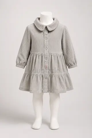 Grey corduroy button-up tiered dress for toddler, long sleeve