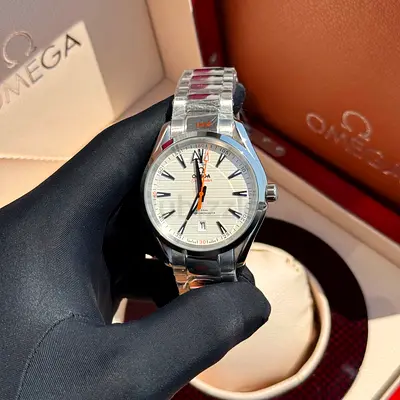 This appears to be an Omega Seamaster Aqua Terra Co-axial watch with a white dial and orange second
