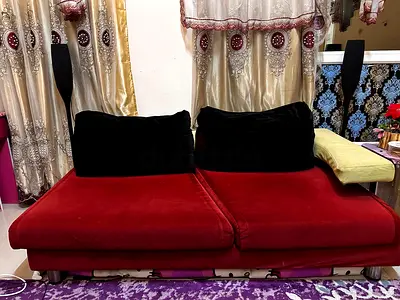 Red Velvet 2-Seater Low Sofa with Black Cushions - Good Condition PAN Home