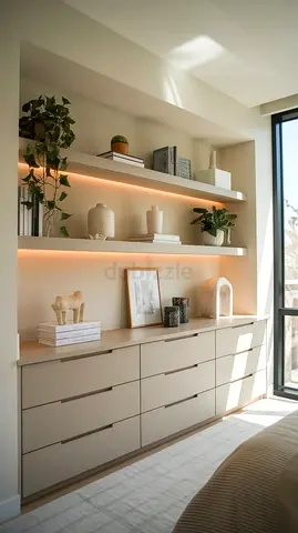 Built-in Floating Shelves and Low Drawer Unit - Modern Neutral Finish