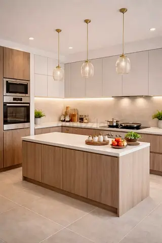 Modern wooden kitchen island with built-in storage
