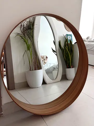 Large Round Wooden Frame Floor Mirror