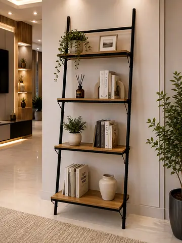 Lean-to Ladder Shelf Unit - 4 Tier Wooden & Black Metal Shelving