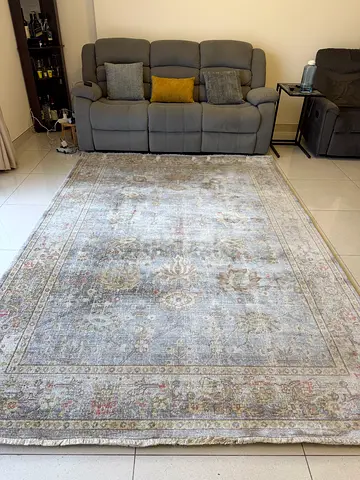 Large vintage-style living room rug - muted grey/blue tones, gently used