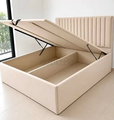 Beige Fabric Ottoman Storage Bed with Headboard - Double/Queen (Good Condition)