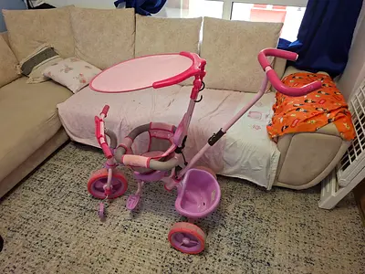 Pink Push Trike with Sun Canopy and Parent Control or Child Control Handles - Good Condition