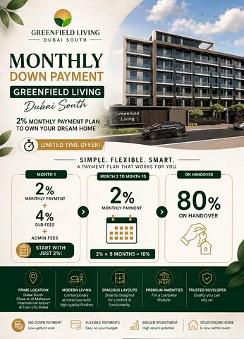 2% BOOKING | 2% x 10Months —20% : 80% On Handover|NEAR AL MAKTOUM INTERNATIONAL AIRPORT | GREAT COM