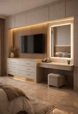 Modern built-in bedroom entertainment unit with vanity and storage