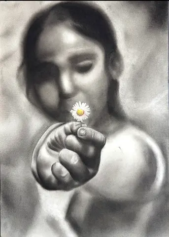 Charcoal Portrait of Girl Offering a Daisy — Original Drawing