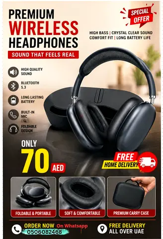 Wireless Bluetooth Over-Ear Headphones with Carry Case - Foldable, Long Battery