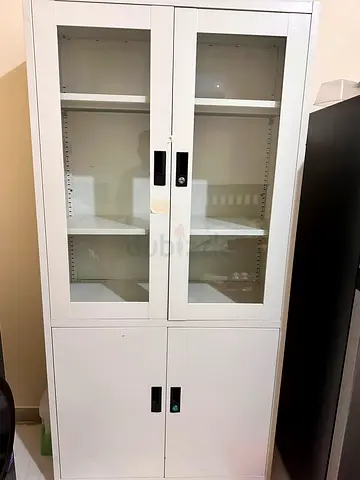 White Metal Storage Cabinet with Glass Upper Doors and Lower Lockable Compartments