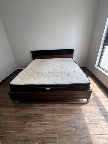 Queen wooden platform bed with mattress - good condition