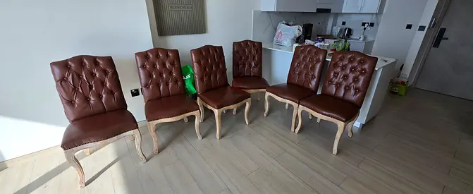 Urgent sale of 6 Brown Leather Upholstered Dining Chairs with Wooden Legs all 400