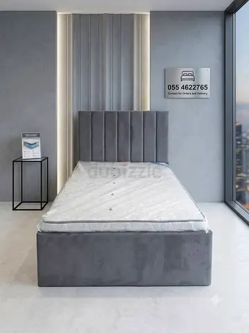 Double size velvet bed frame with upholstered headboard - grey, new