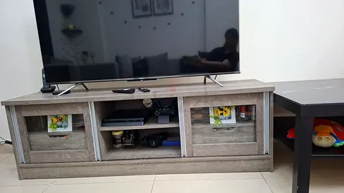Wooden TV Entertainment Unit with Glass-front Cabinets - Light Oak Finish fit for 55 inch tv