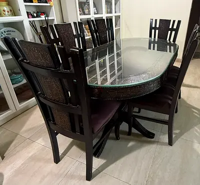 Solid Wood 6-Seater Dining Table with Glass Top (Dark Finish)
