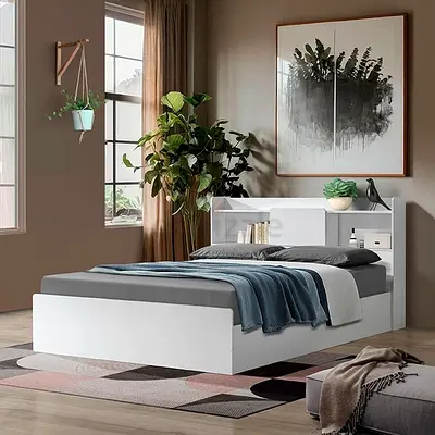 White Single/Double Bed with Built-in Headboard Storage - Modern Design