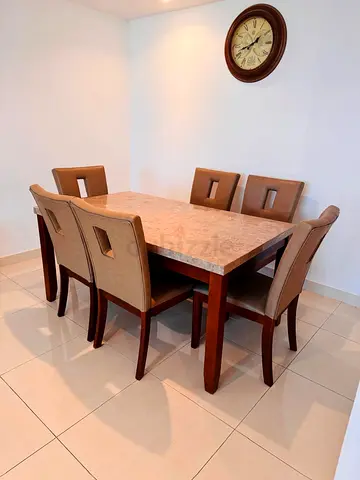 Marble Top Dining Table with 6 Upholstered Chairs