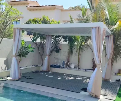 Outdoor poolside pergola gazebo with curtains — brand new