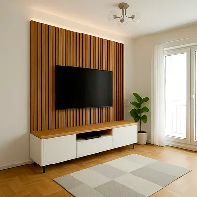 Modern TV Entertainment Unit with Wood Slat Back Panel