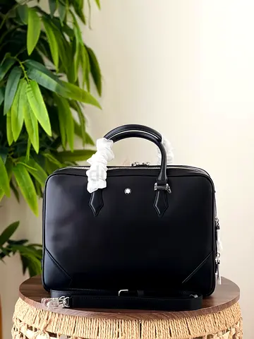 Montblanc Black Leather Briefcase Double Zip Business Bag Large Capacity