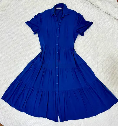 Cortigiani Royal Blue Tiered Maxi Shirt Dress | Button-Front Flowing Dress | XXL