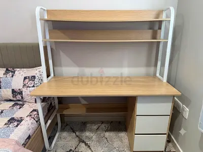 Compact study desk with overhead shelves and 3-drawer unit - light oak