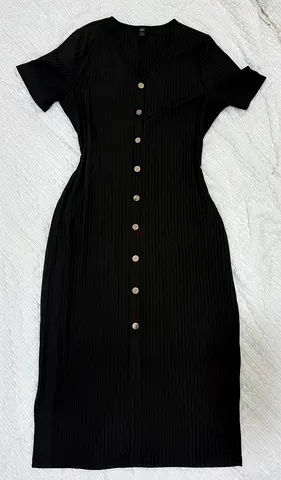 Black Ribbed Button-Front Midi Dress | Elegant Everyday Dress | Size M to L