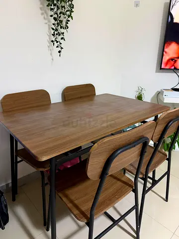 Wood Finish Dining Table with 4 Matching Chairs - Compact Set