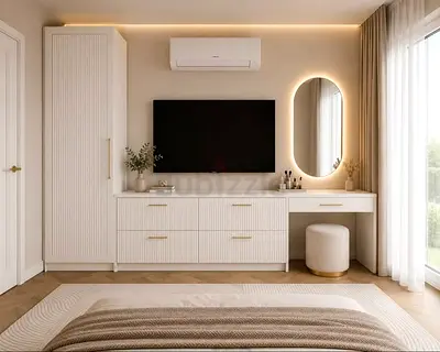 White bedroom entertainment cabinet with wardrobe and vanity