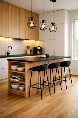 Modern wooden kitchen island with built-in shelving and black countertop