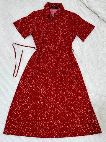 Woman Red Polka Dot Maxi Shirt Dress | Button-Front Long Dress | Size M to L