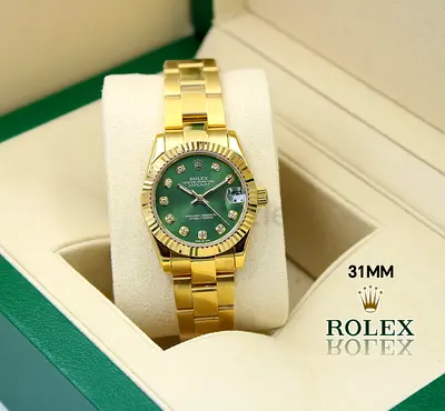 Rolex 31mm Gold-tone Green Dial Ladies Watch with Diamond Markers