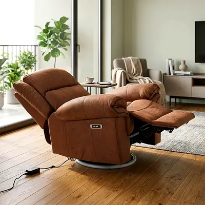 Brown Electric Recliner Armchair with Swivel Base - Comfortable Single Seater