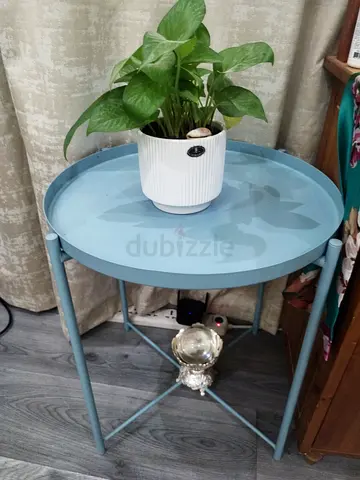Light blue metal round side table - small occasional table