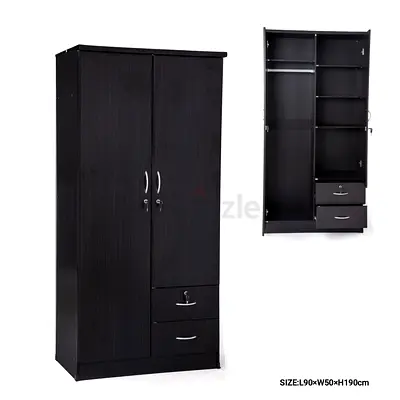 Dark Wood 2-Door Wardrobe with Drawers — 90x50x190cm