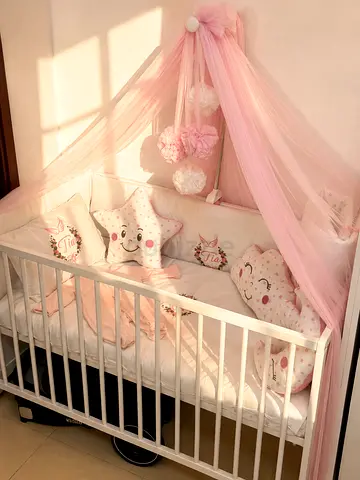 White Baby Crib with Pink Canopy and Cushions