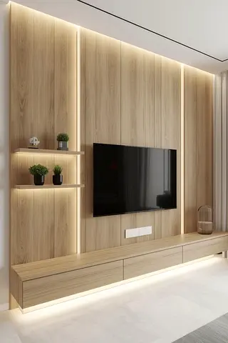 Modern wall-mounted TV entertainment unit with LED backlighting