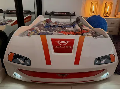 Kids Racing Car Bed with Working LED Lights & Mattress – Excellent Condition
