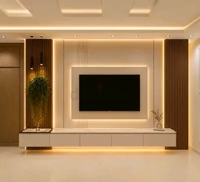 Modern floating TV entertainment unit with ambient LED lighting
