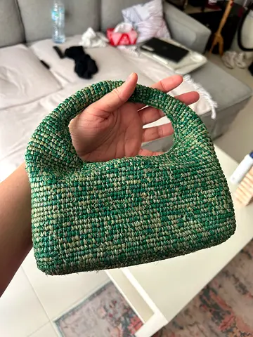 Manebi Half Moon Handmade in Madagascar Green Woven Rafia Handbag / Clutch - Small Tote Style