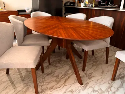 Solid wood oval dining table with 6 upholstered chairs - midcentury style