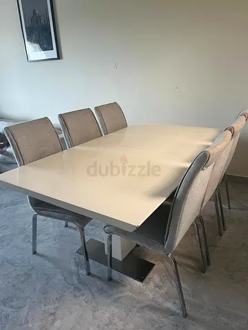 Modern Extendable Dining Table with 6 Upholstered Chairs - Light Grey