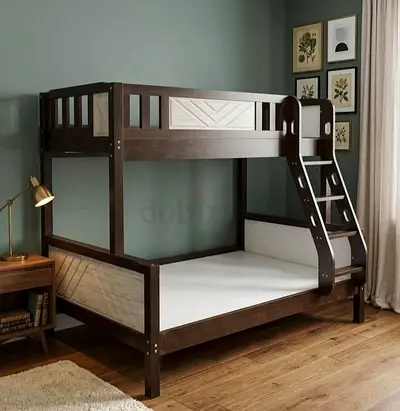 Solid Wood Dark Brown Bunk Bed with Ladder — Double on Bottom, Single on Top