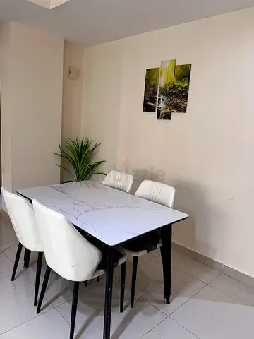 White Marble-Top Dining Table with 4 White Chairs - Good Condition