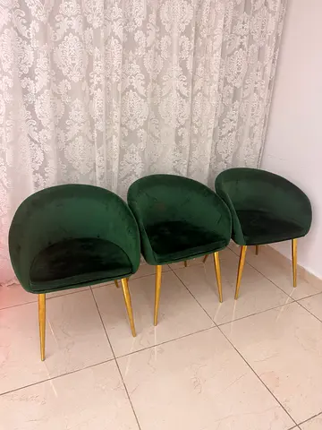 Set of 3 Green Velvet Dining Chairs with Gold Legs - Excellent Condition