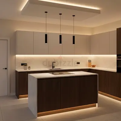 Modern kitchen island and ambient LED lighting with quartz top