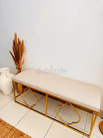 Gold Metal Frame Bench with Beige Upholstered Seat in excellent condition