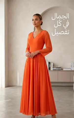 Orange Long Sleeve Maxi Dress with V-neck and Embellished Shoulders